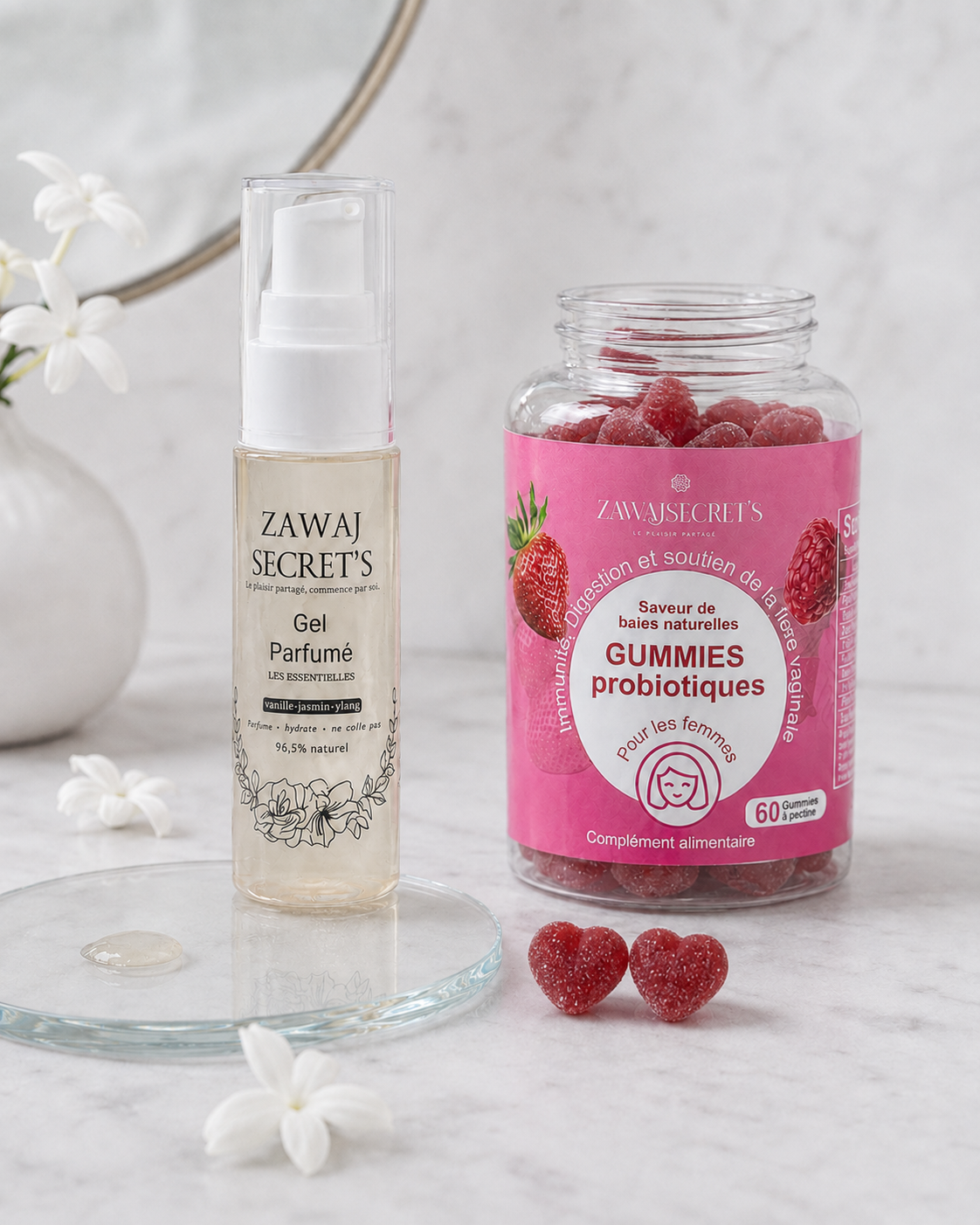 Flora Glow — gummies en cœur et gel parfumé, lumière neutre