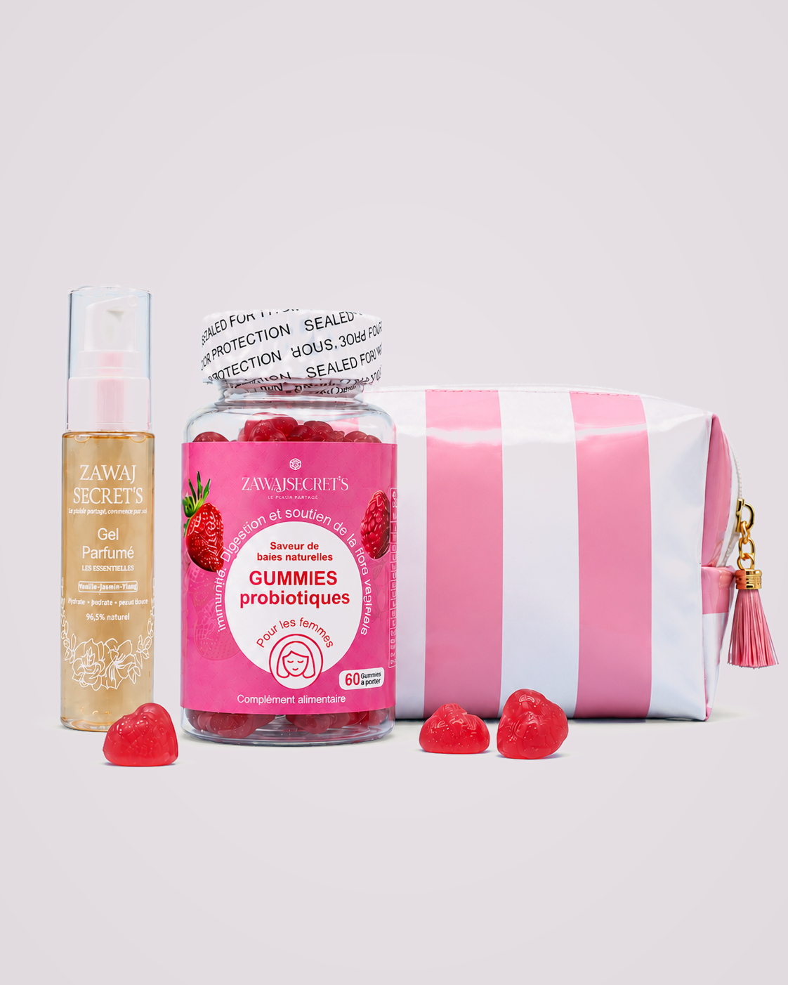 Flora Glow — produit réel sur fond gris perle rosé