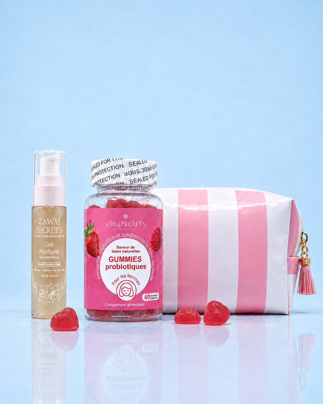 Pack Flora Glow Zawaj Secret's avec gel parfumé 60 ml lisible, gummies probiotiques et trousse rose rayée
