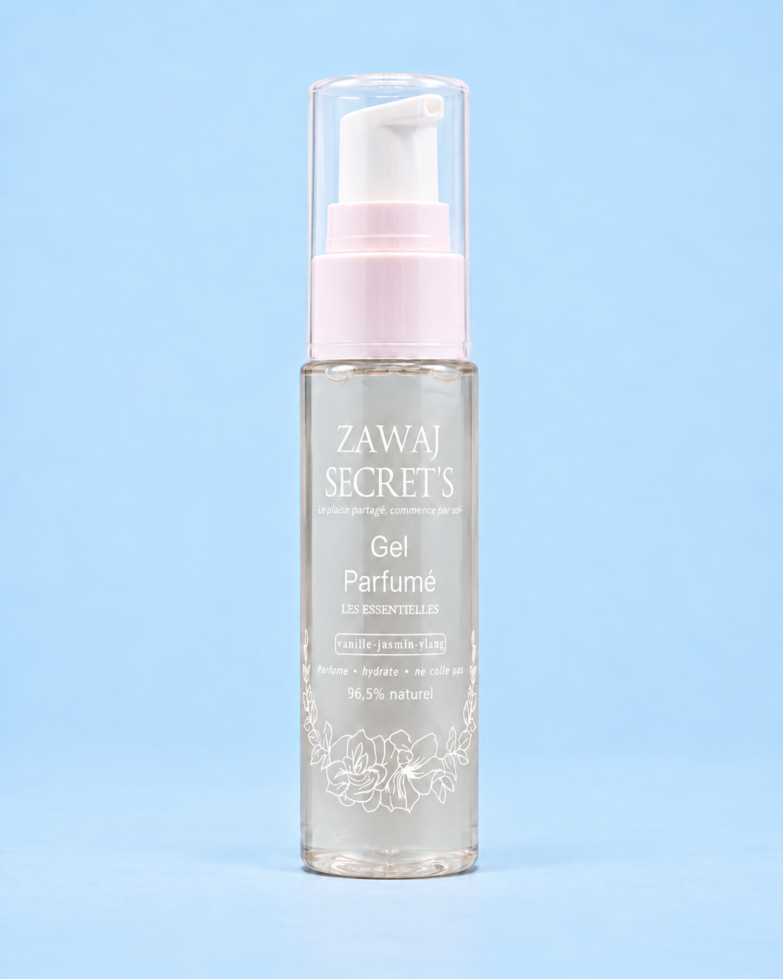Gel Parfumé Zawaj Secret's 60 ml transparent, packshot net sur fond bleu ciel