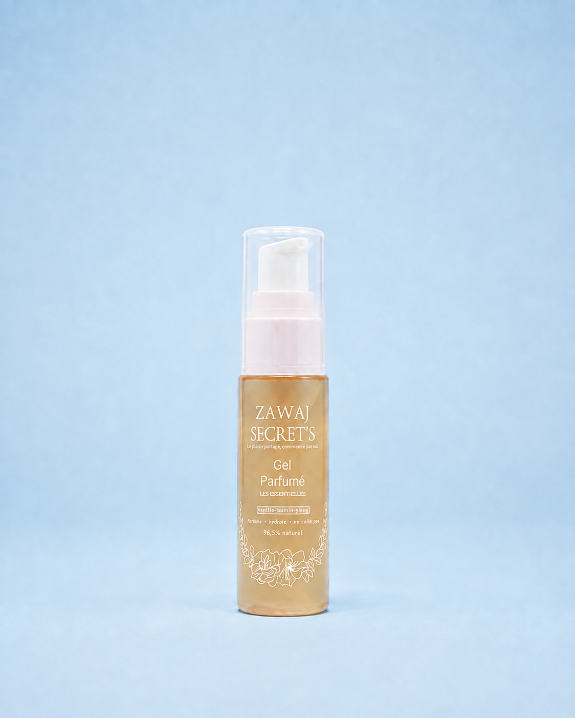 Gel parfumé Zawaj Secret's à impression blanche sur fond bleu ciel