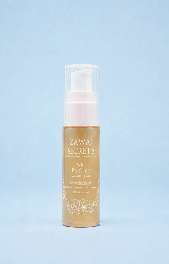 Gel parfumé Zawaj Secret's à impression blanche sur fond bleu ciel Imagen