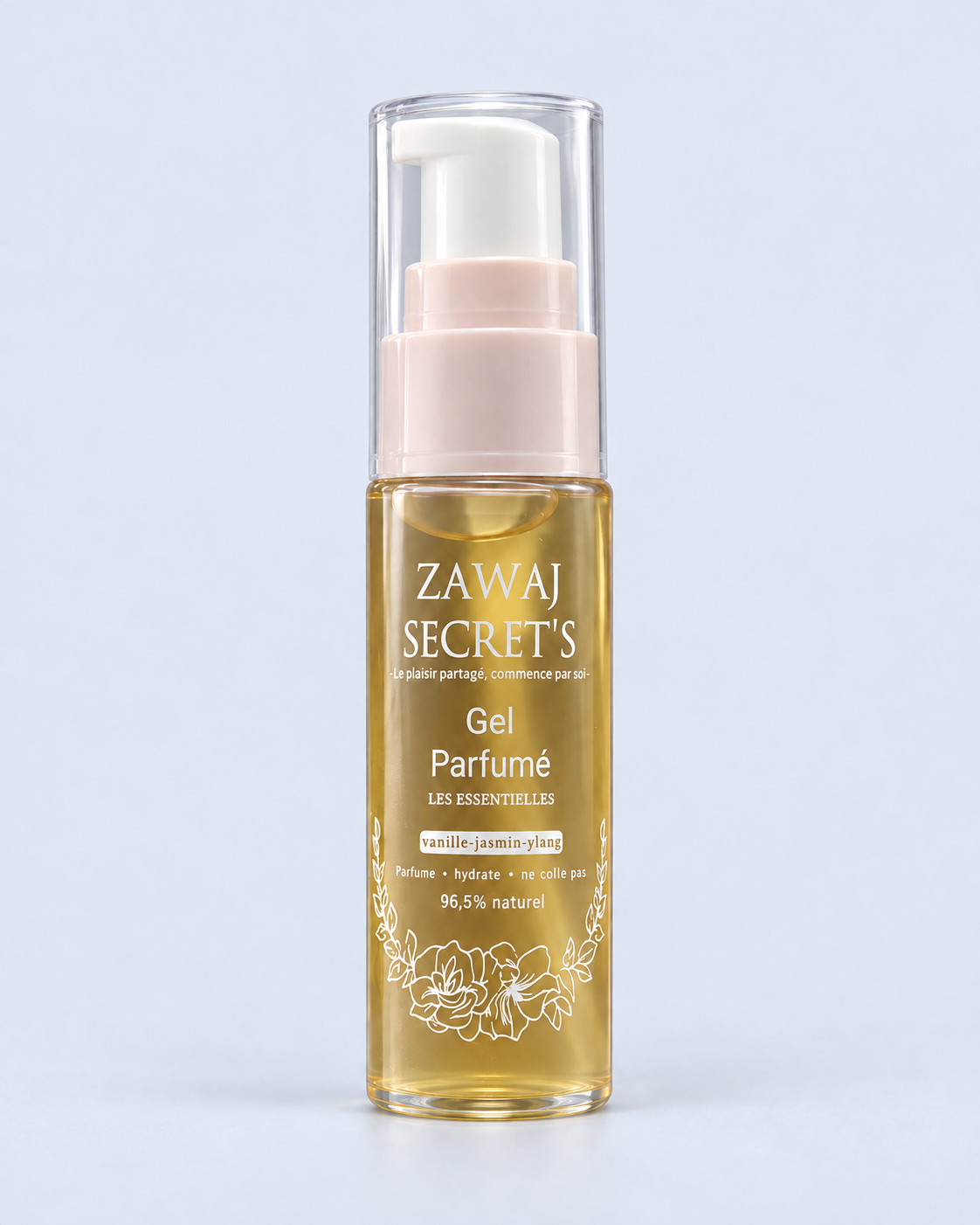 Gel Parfumé Intime Les Essentielles Zawaj Secret's sur fond perle bleuté