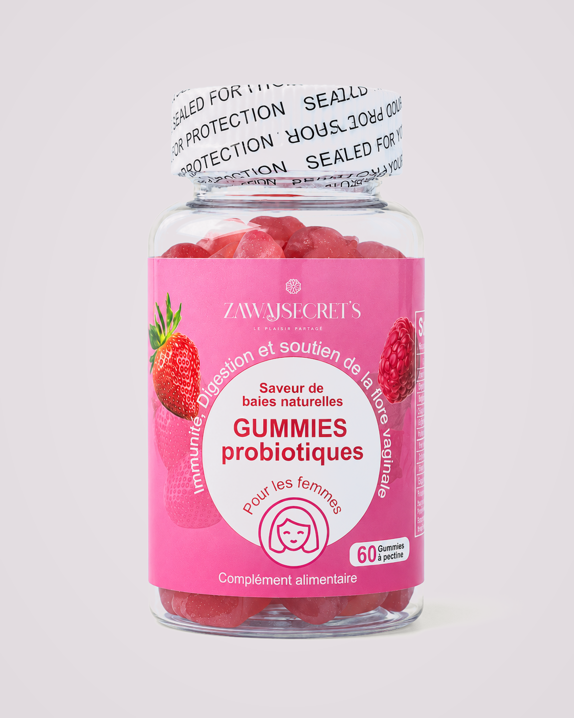 Gummies Probiotiques — produit réel sur fond gris perle rosé