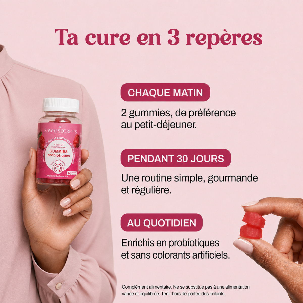 Gummies probiotiques Zawaj Secret's — cure de 30 jours en trois repères, mise en scène pudique