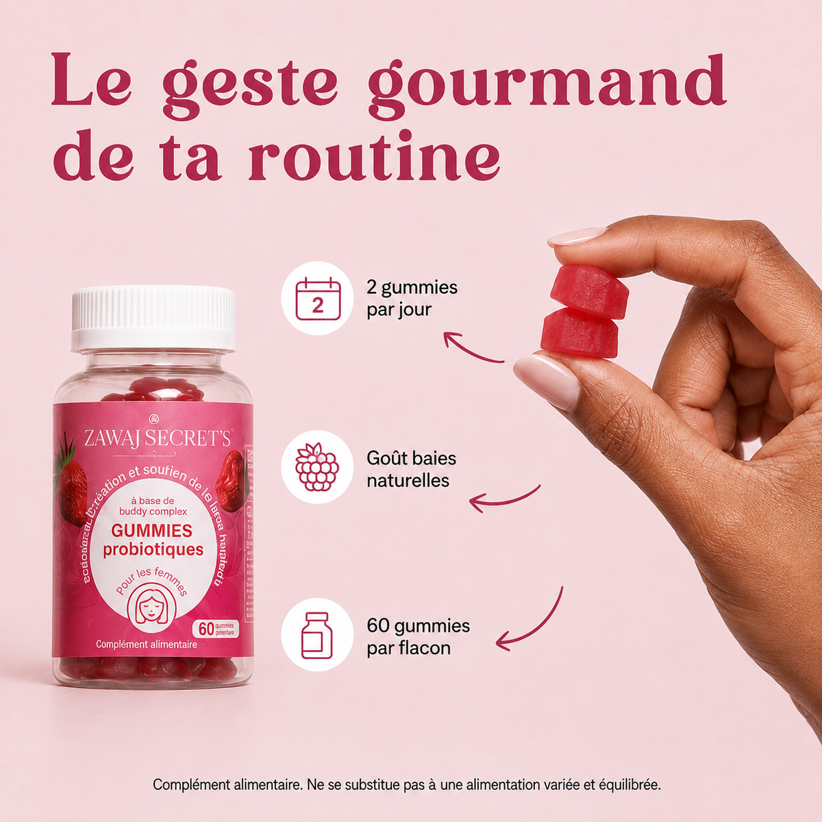 Gummies probiotiques Zawaj Secret's — 2 gummies par jour, goût baies naturelles