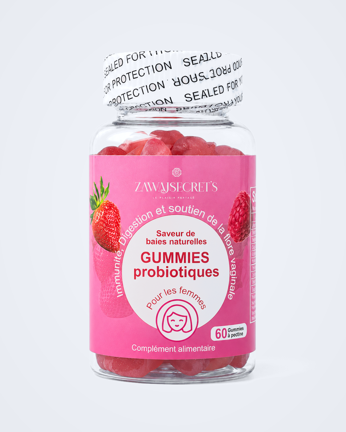 Gummies Probiotiques Zawaj Secret's sur fond perle bleu