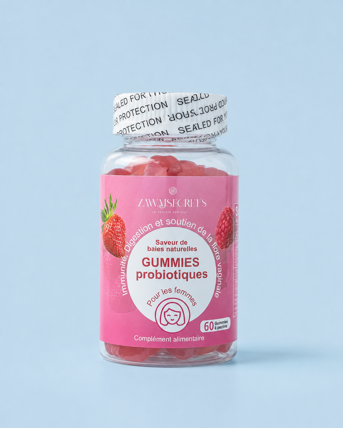 Gummies Probiotiques Zawaj Secret’s sur fond bleu ciel