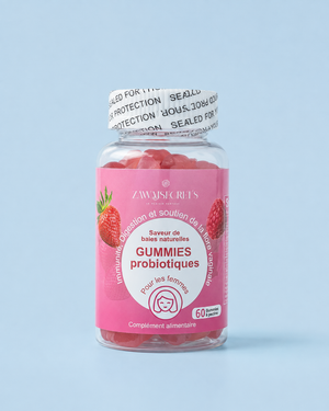 Gummies probiotiques Zawaj Secret's sur fond bleu ciel