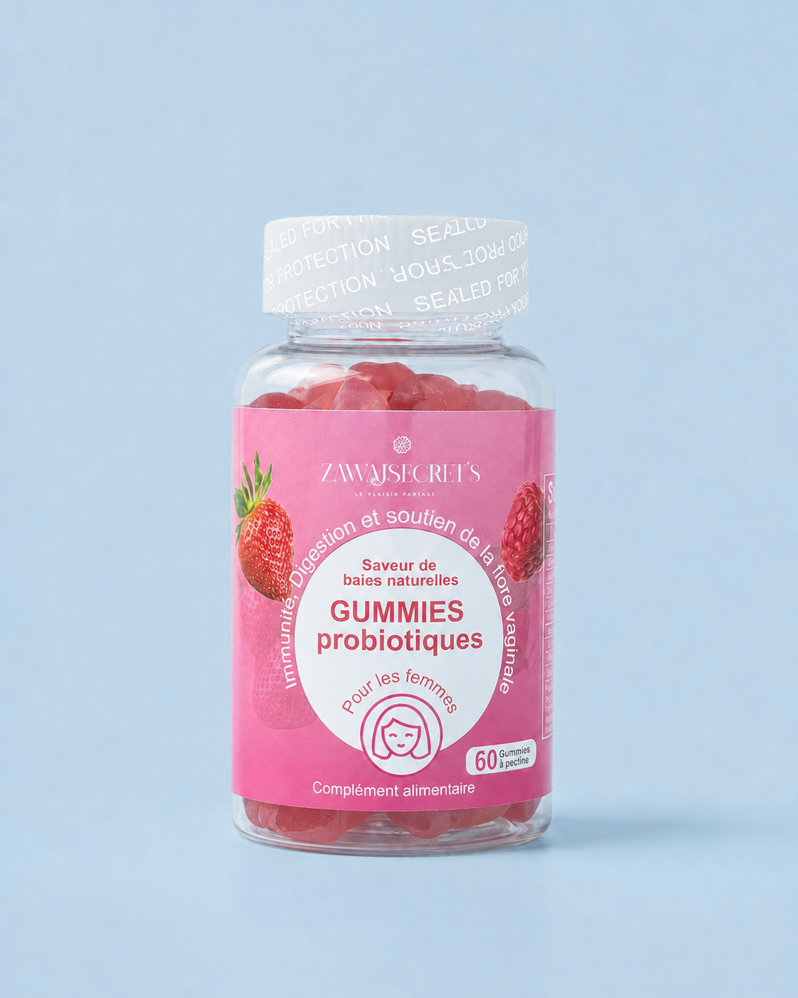 Gummies probiotiques Zawaj Secret's avec encre blanche sur fond bleu ciel