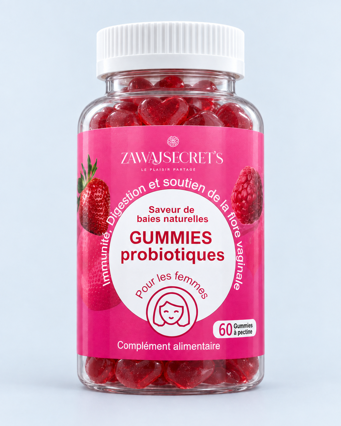 Gummies probiotiques féminins Zawaj Secret's en forme de cœur sur fond perle bleuté