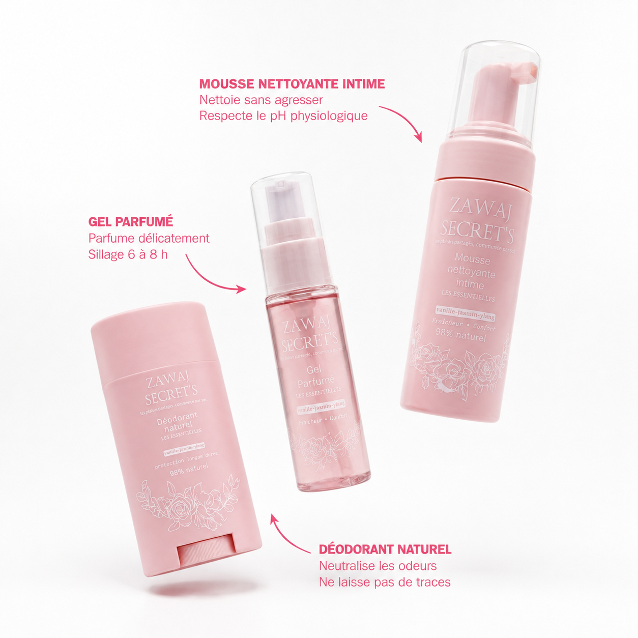 Gamme Les Essentielles Zawaj Secret's — mousse, gel parfumé et déodorant