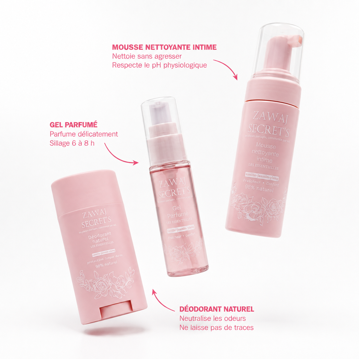 Gamme Les Essentielles Zawaj Secret's — mousse, gel parfumé et déodorant