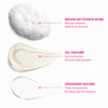 Textures Les Essentielles Zawaj Secret's — mousse aérienne, gel transparent jaune pâle et déodorant transparent