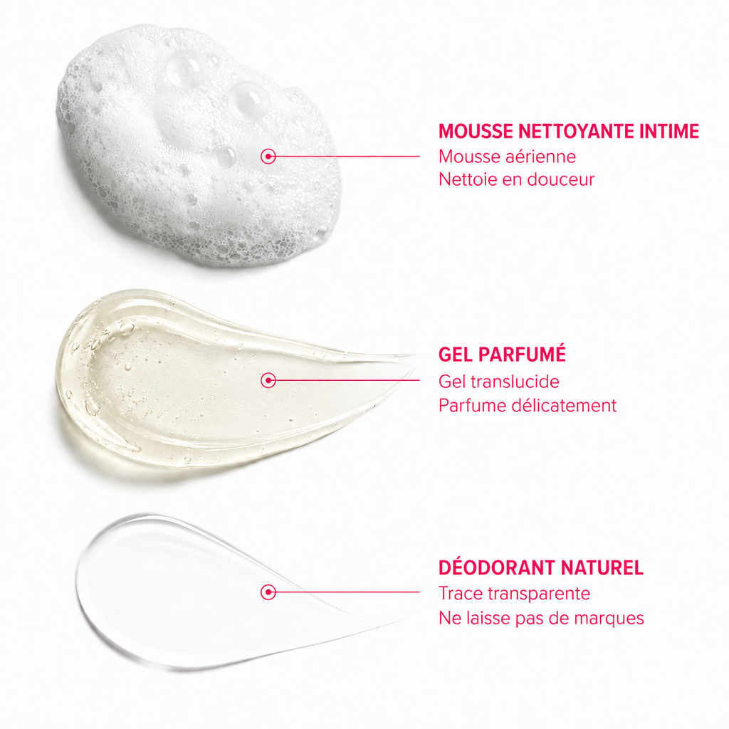 Textures Les Essentielles Zawaj Secret's — mousse aérienne, gel transparent jaune pâle et déodorant transparent