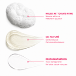Textures Les Essentielles Zawaj Secret's — mousse aérienne, gel transparent jaune pâle et déodorant transparent