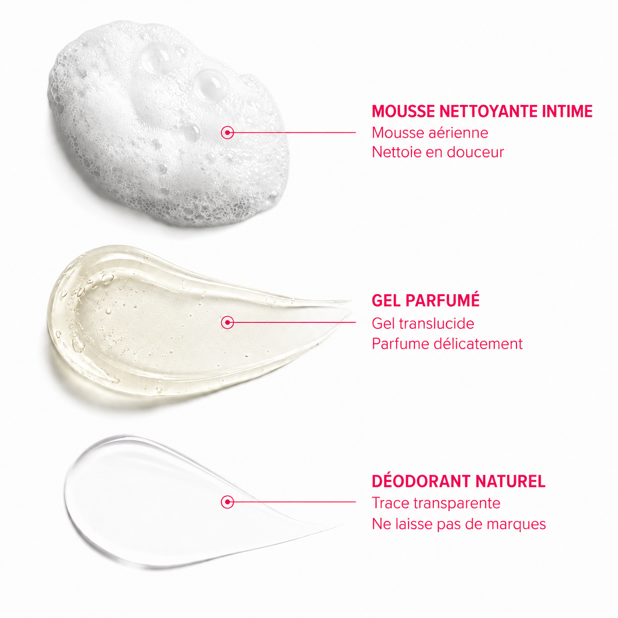 Textures des trois soins Les Essentielles : mousse aérienne, gel transparent jaune pâle et déodorant au fini transparent