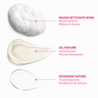 Textures Les Essentielles Zawaj Secret's — mousse aérienne, gel transparent jaune pâle et déodorant transparent