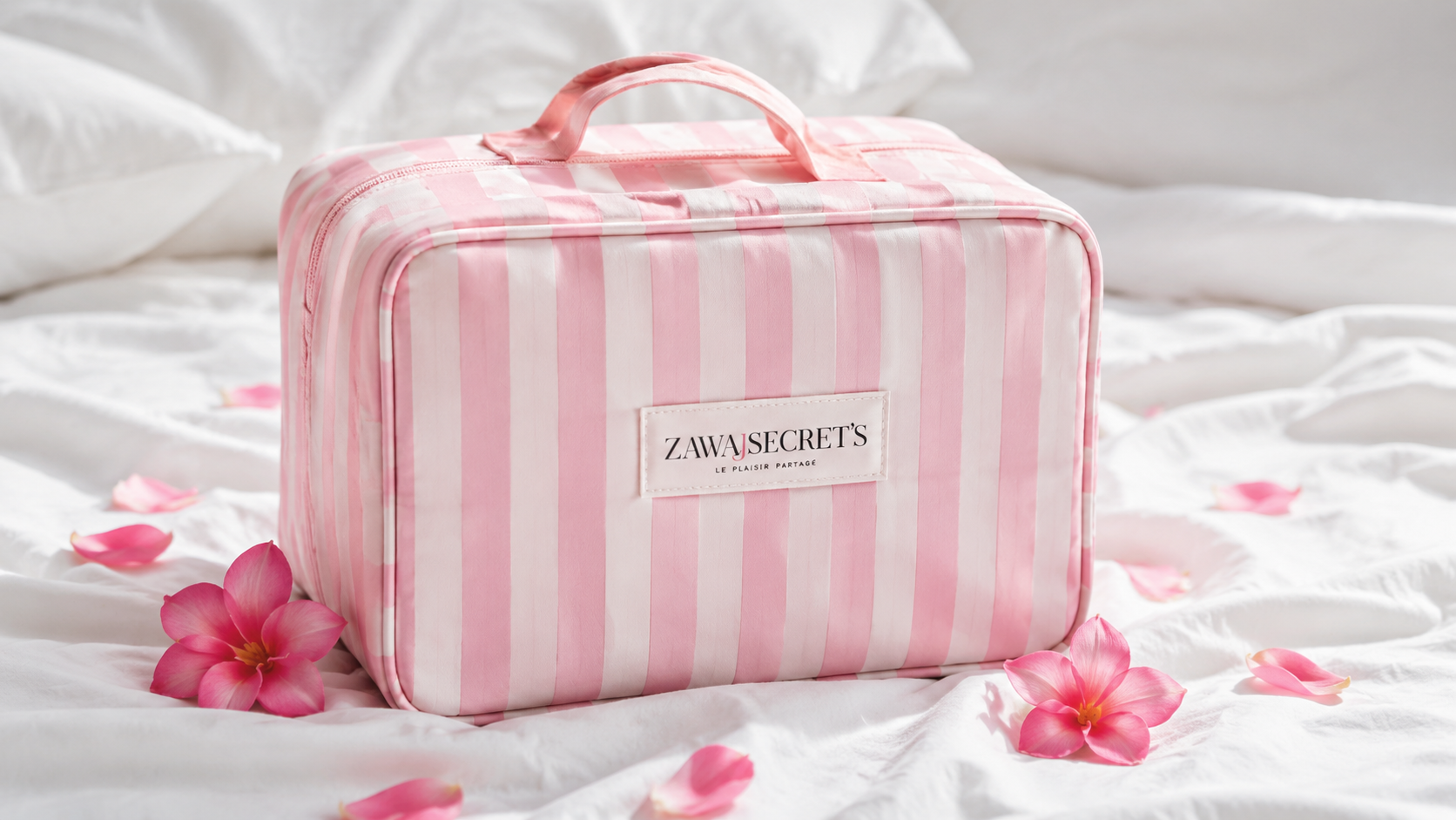 Zawaj Secret's — Trousse nomade rayée rose sur linge blanc Image