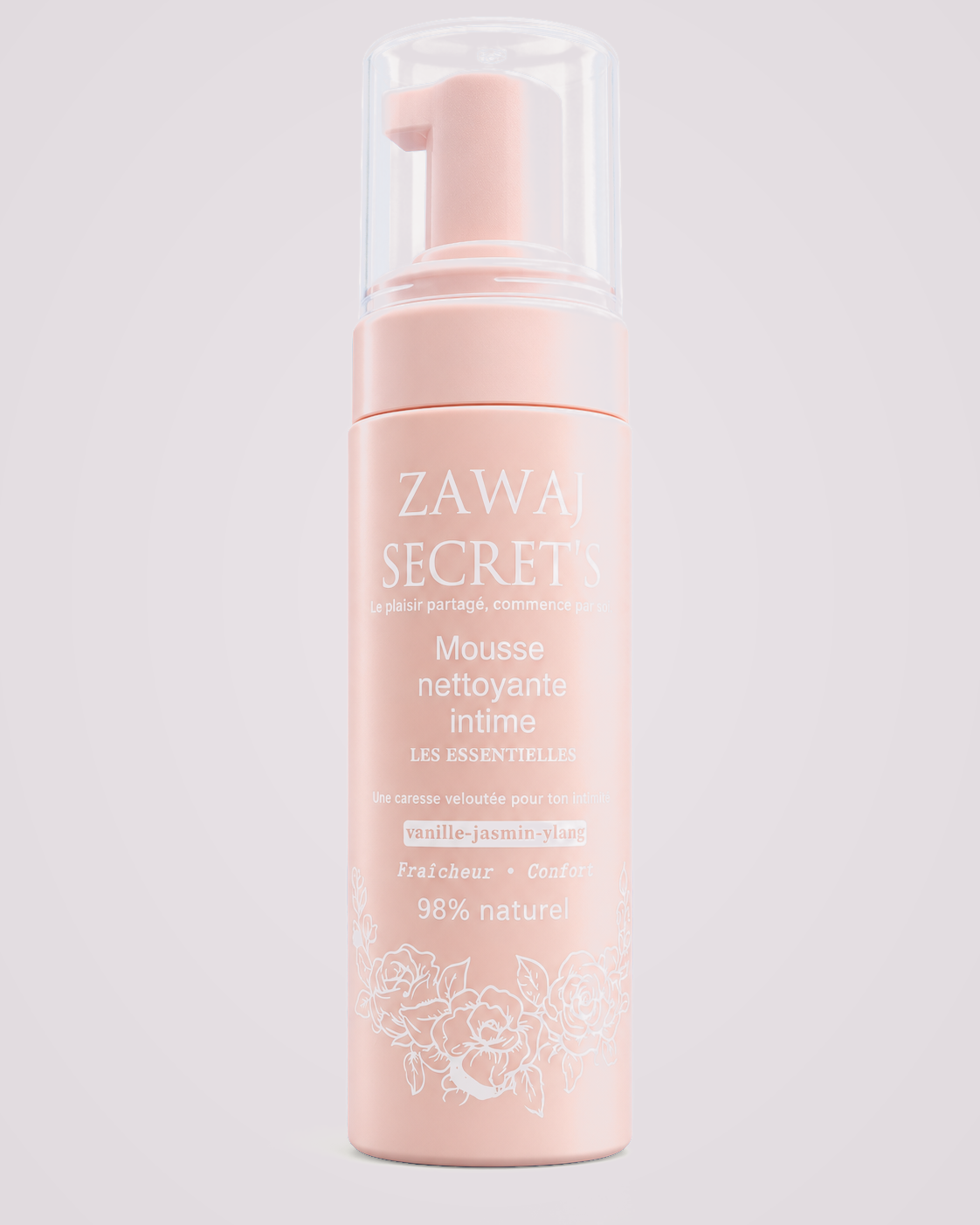 Mousse Nettoyante Intime — produit réel sur fond gris perle rosé