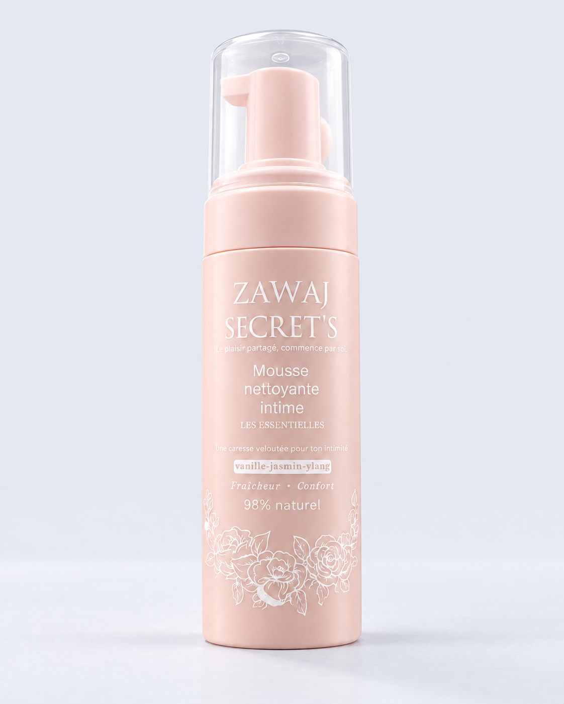 Mousse Nettoyante Intime Les Essentielles Zawaj Secret's sur fond perle bleu