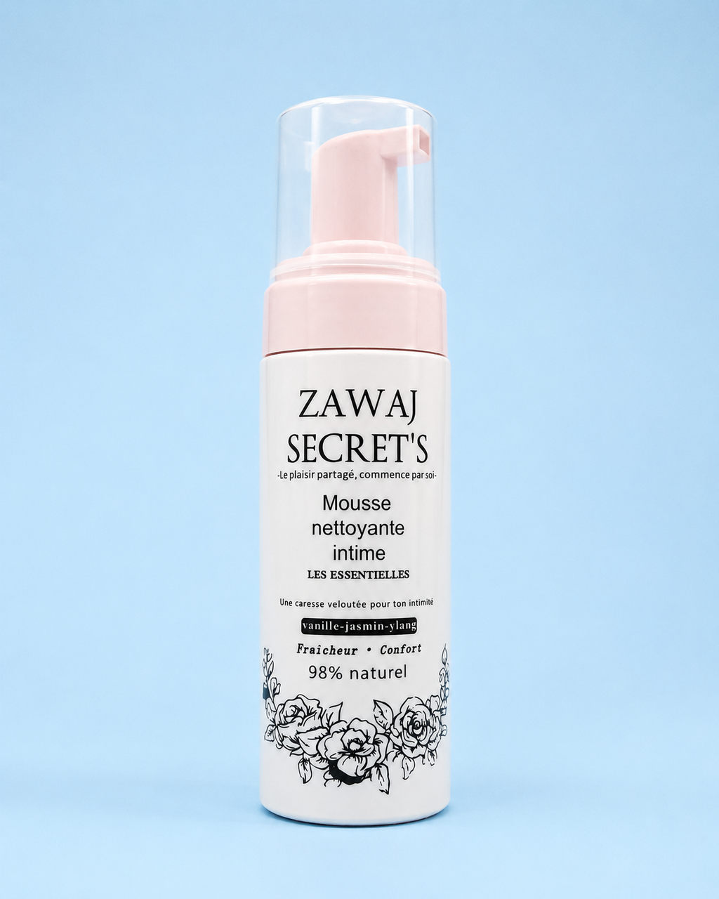 Zawaj Secret's — Mousse nettoyante intime Les Essentielles sur fond bleu ciel