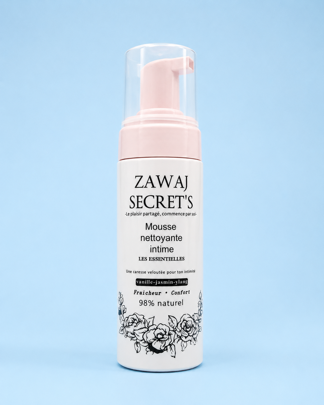 Zawaj Secret's — Mousse nettoyante intime Les Essentielles sur fond bleu ciel