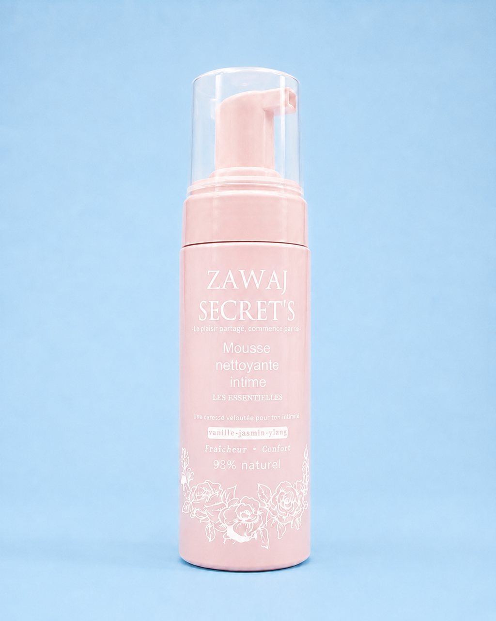 Mousse nettoyante intime Zawaj Secret's rose intégral, marquage blanc, fond bleu ciel