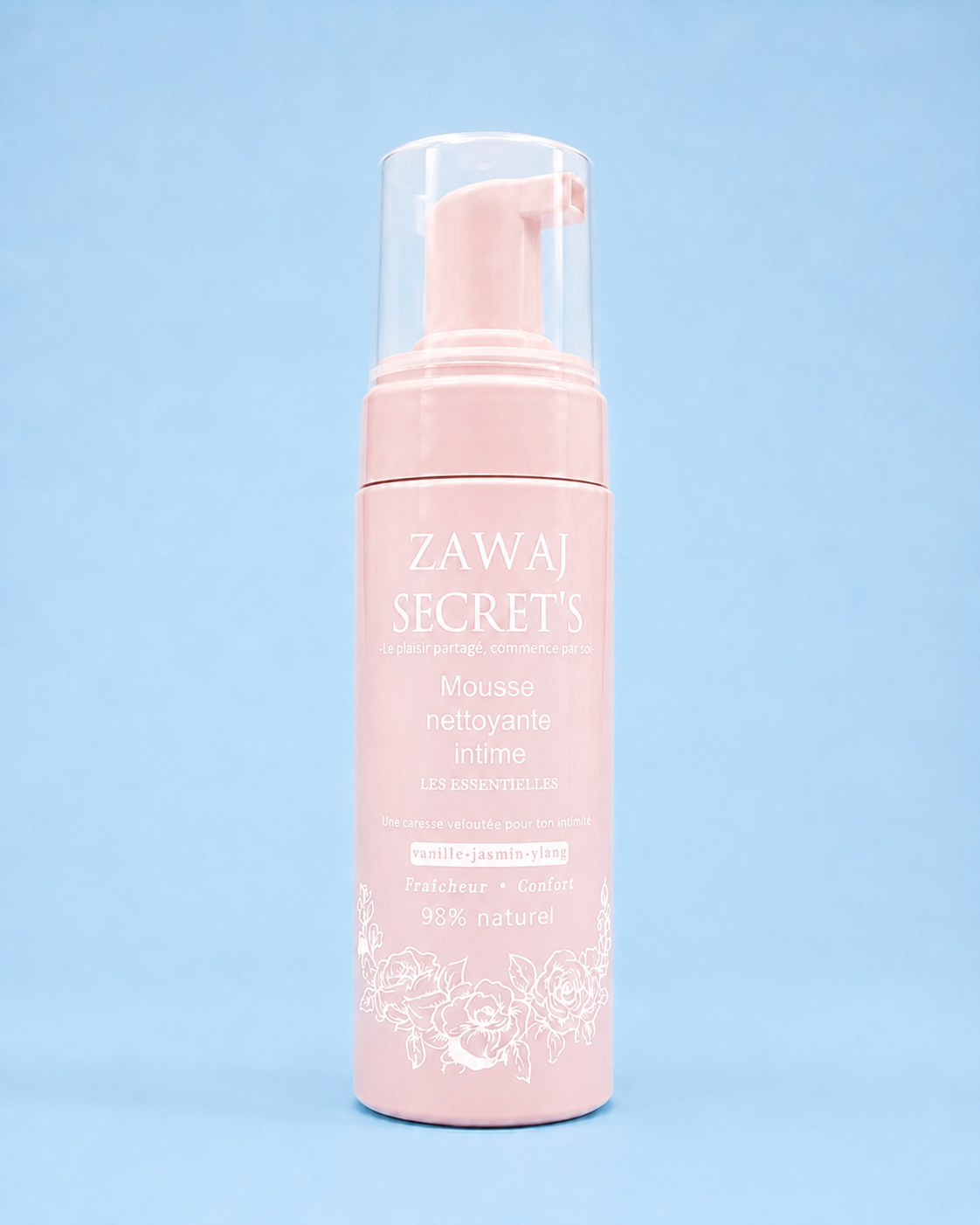Mousse nettoyante intime Zawaj Secret's rose intégral, marquage blanc, fond bleu ciel