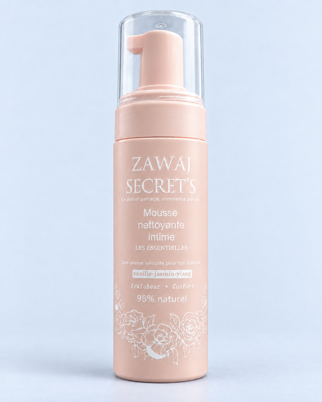 Mousse Nettoyante Intime Les Essentielles Zawaj Secret's sur fond perle bleuté