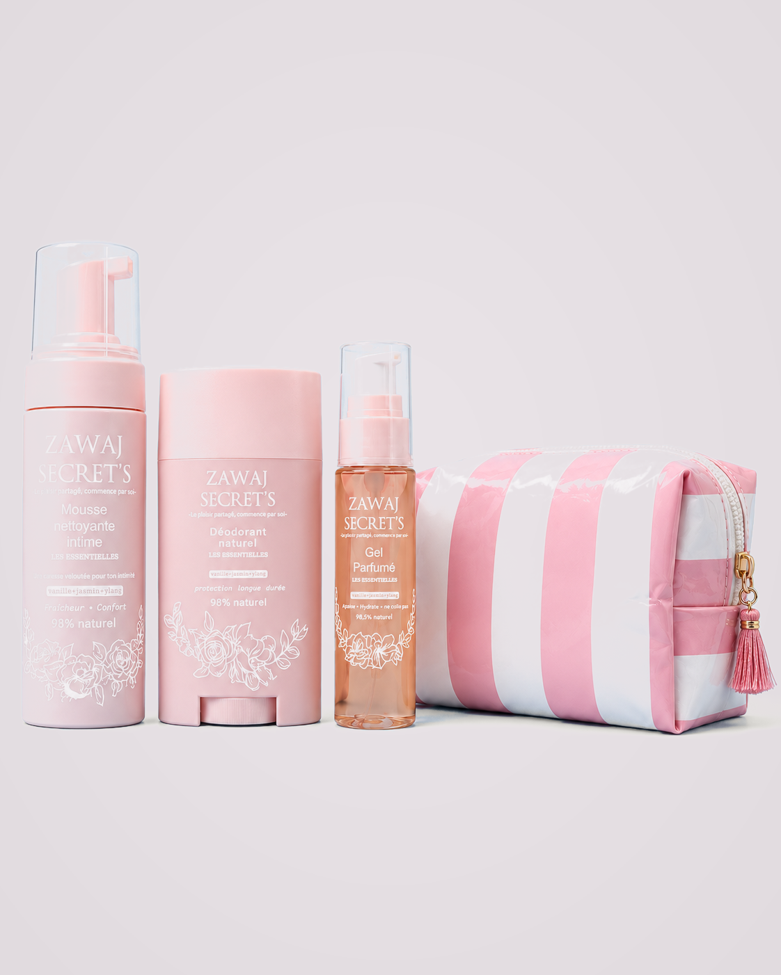Pack Les Essentielles — produit réel sur fond gris perle rosé