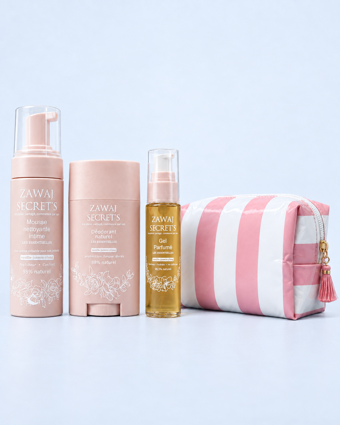 Pack Les Essentielles avec mousse, déodorant, gel parfumé et trousse Zawaj Secret's